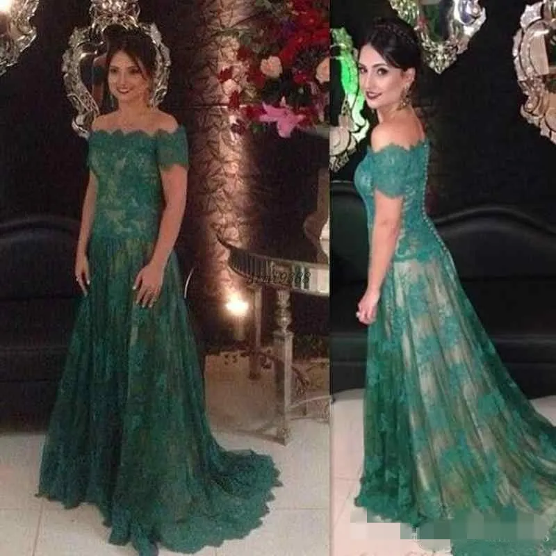 Green Mermaid Evening Dresses Scalloped Bateau Short Sleeves Lace Sweep Train Plus Size Custom Made Prom Party Gowns Formal Occasion Wear