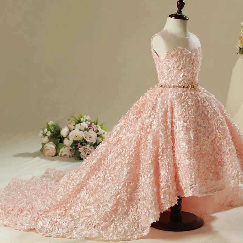 2019 bonito laço rosa oi baixo flor meninas vestidos jóia vestido de baile com faixa gilrs pageant vestido primeira comunhão vestidos261b