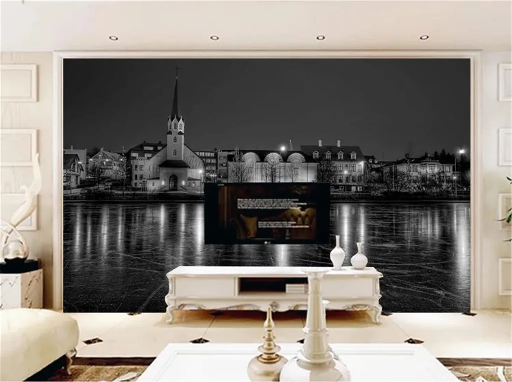 Water Building Europe and America Black and White Back Digital Printing HD Decorative Beautiful 3d Wallpaper