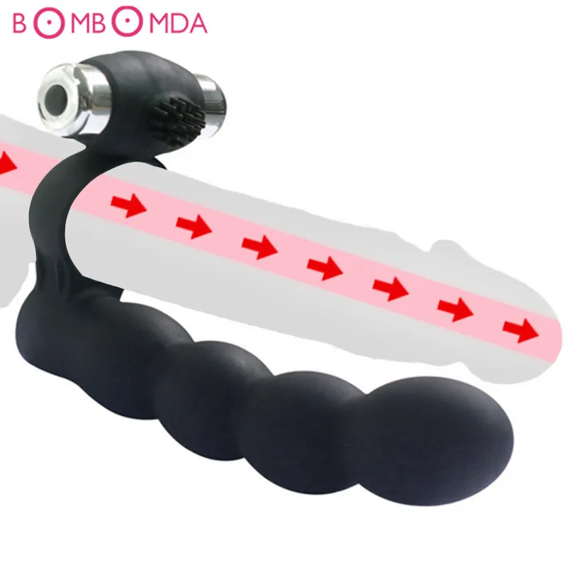 Strap on perline anali pene anello vibrante doppia penetrazione strapon dildo punto G vibratori butt plug in silicone giocattoli del sesso per l'uomo Y191218