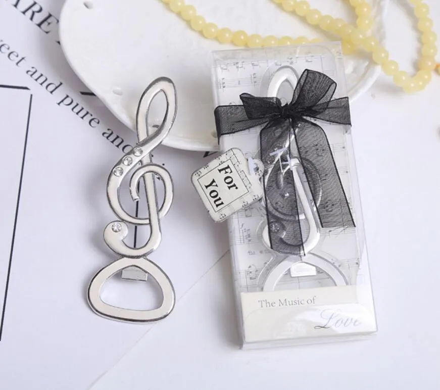 100 stks / partij "The Music of Love" Symphony Musical Note Diamond Bottle Opener Wedding Gunsten Bruids Douche Party Gifts DHL Free