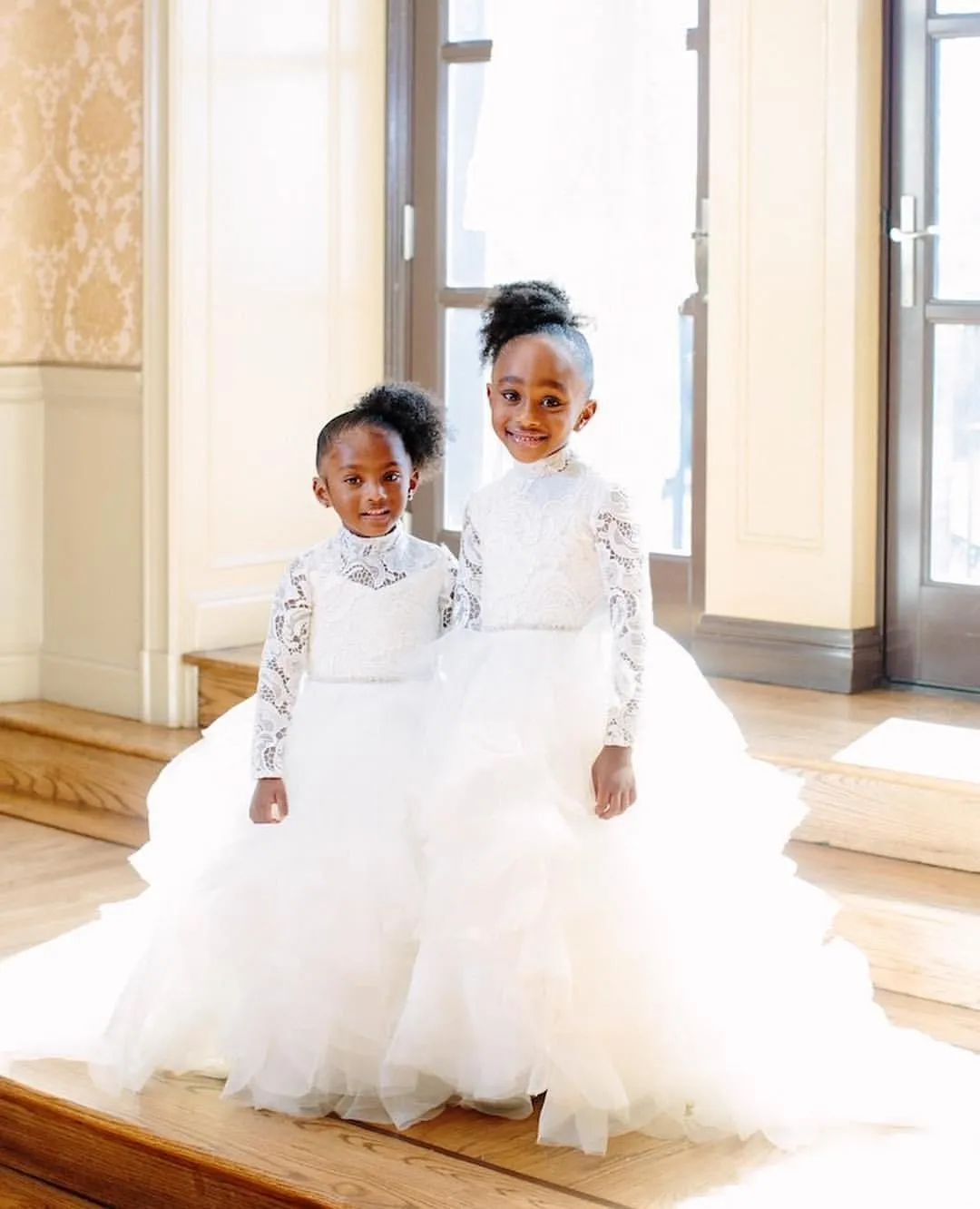 White High Neck Flower Girl Dresses With Sash Long Sleeves Tiers