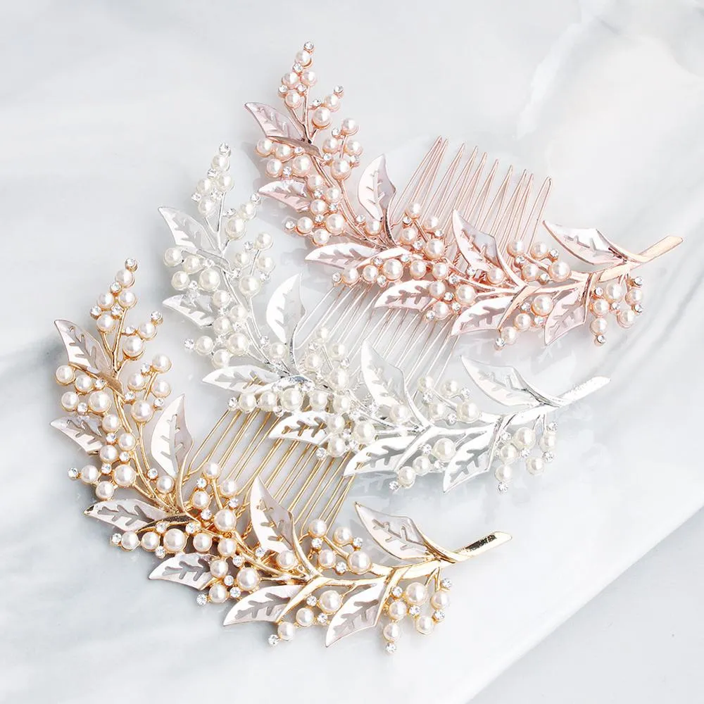 Rose Gold/Silver/Gold Color Leaf Hair Combs Wedding Hair Jewelry Accessories Pearl Women Bridal Rhinestone Ornament