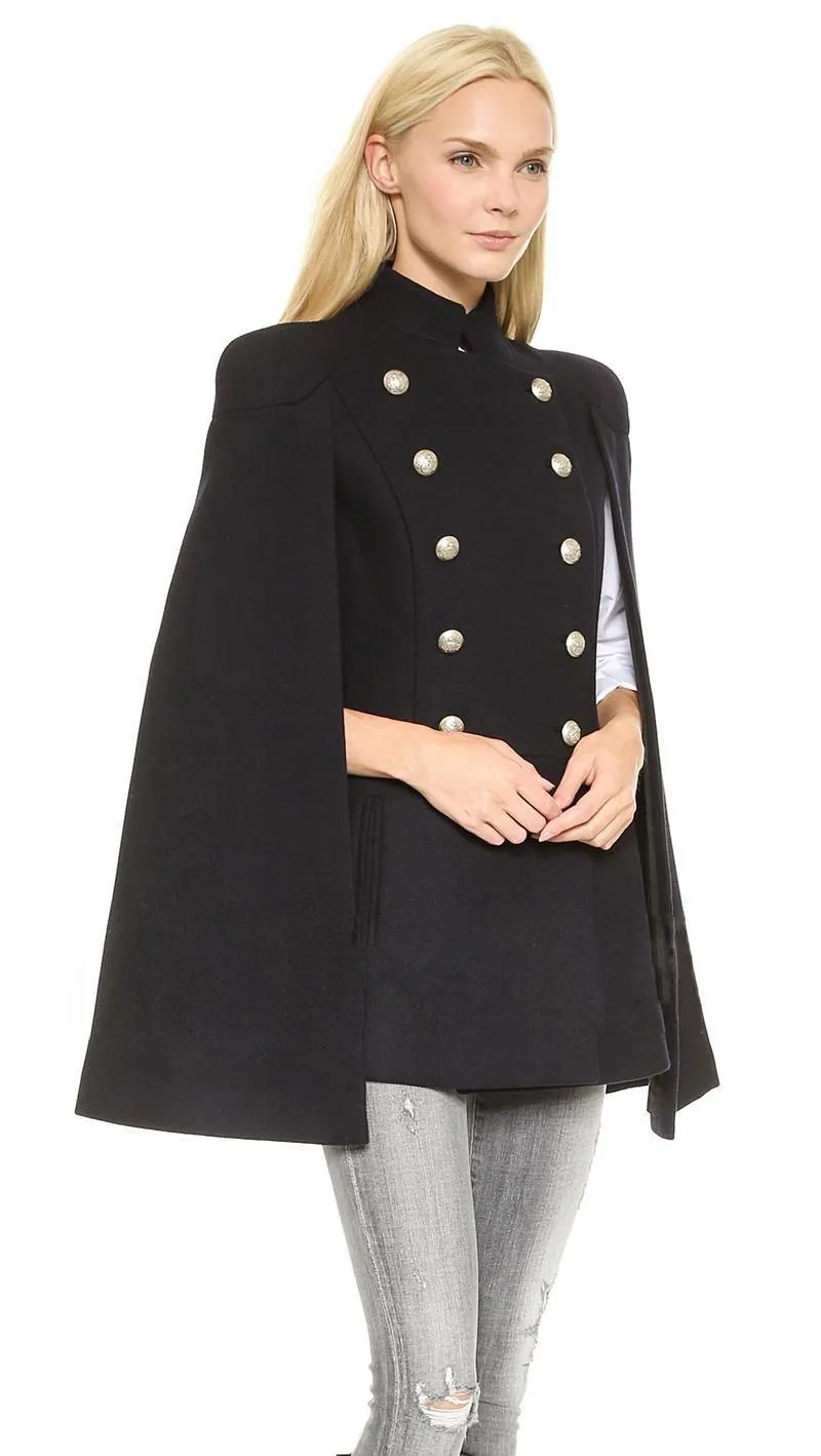 2019 Best Selling Black Wool Blend Black Cape Coat With Batwing