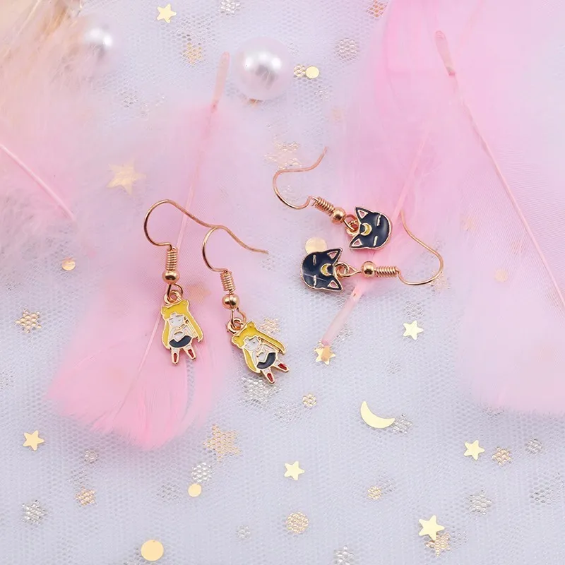 DIY Earrings For Women Cute Anime Earring For Girls Trendy Kawaii Sailor Moon Love Heart Cat Magic Star Jewelry Drop Shipping