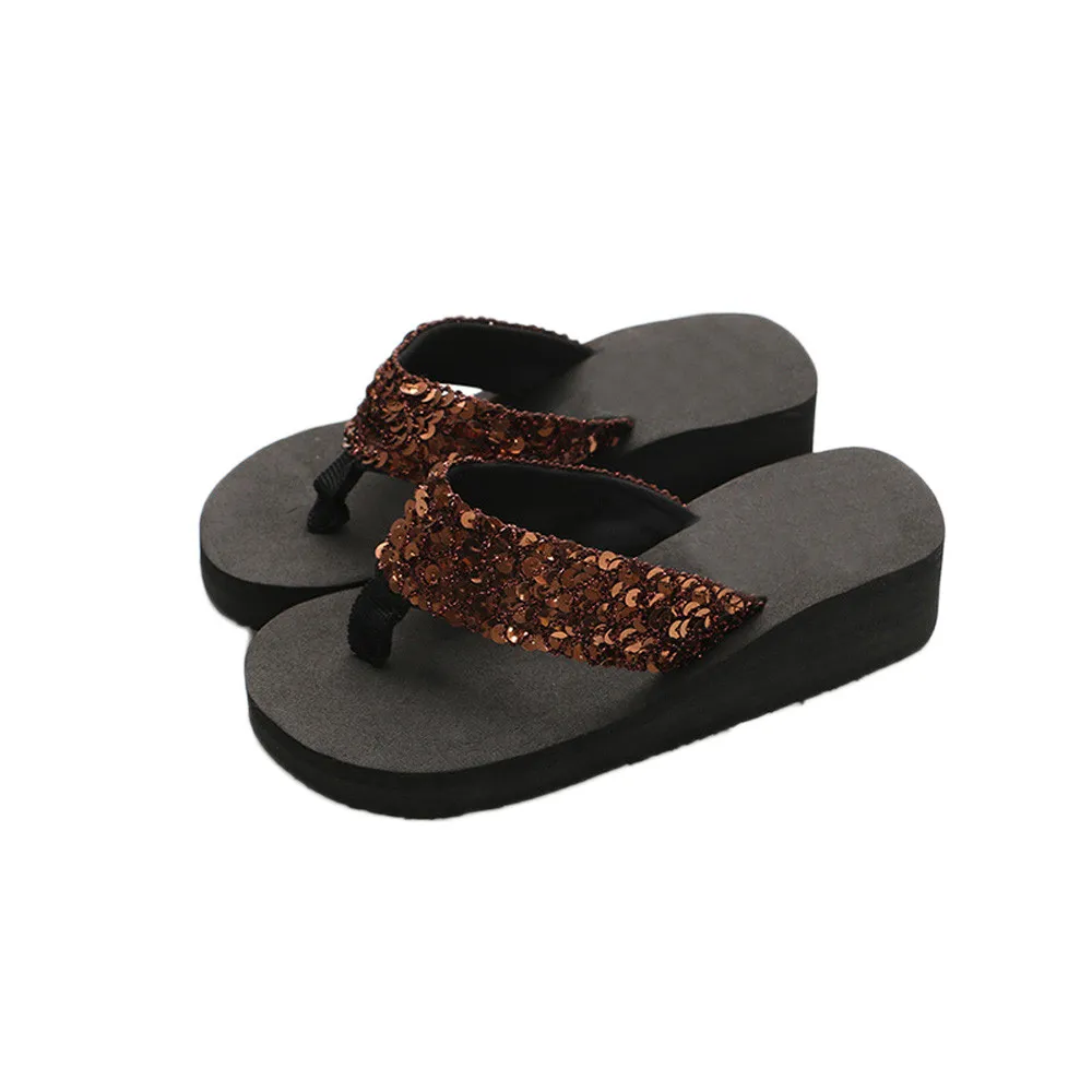 Hot Sale-Women's Summer Sequins Anti-Slip Sandaler Peep Toe Hem Wedges Tofflor Plus Storlek Slipper Inomhus Utomhus Flip-Flops 10