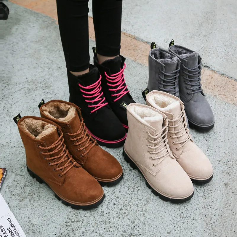 2018 mulheres botas inverno pele quente pele de pelúcia sapatos mulher neve tornozelo botas de algodão conforto martin botas mujer flats motocycle booties