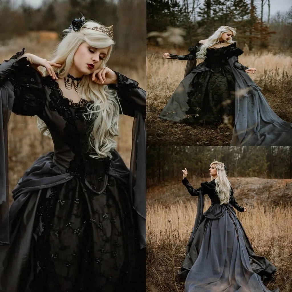 Vintage Medieval Gothic Black Wedding Dresses 2020 Długie Rękawy Koronka Aplikacja Kaplica Pociąg Suknie Ślubne Bridal Robe de Mariée Custom