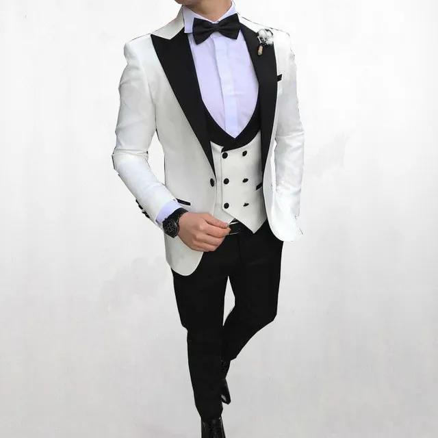 Klasik İnce Groomsmen Tepe Yaka Düğün Damat Smokin Erkekler Takım Elbise Düğün / Balo / Yemeği Adam Blazer (Ceket + Kravat + Yelek + Pantolon) 394