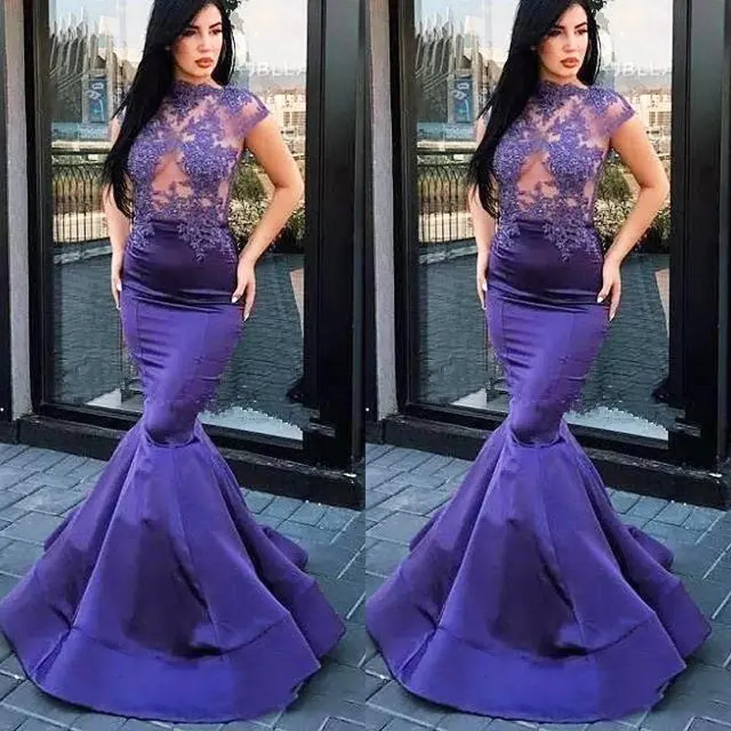 Lavender Prom Dresses Appliques Mermaid Woman Illusion Prom Dress Hot Girl Lady Sexy Graduation Homecoming Formal Maxi Gowns