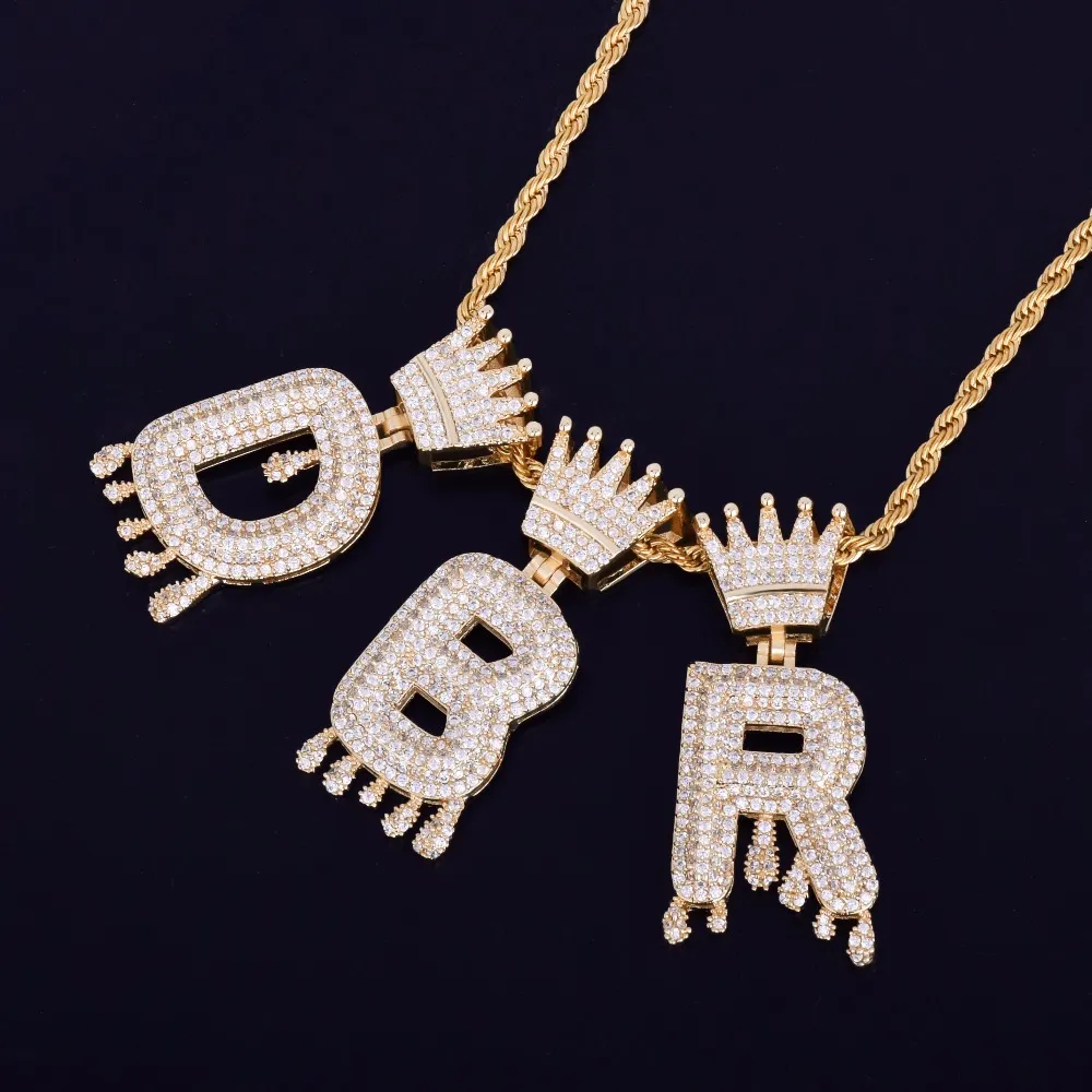 Hommes couronne goutte à goutte initiales bulle lettres colliers pendentif pour hommes femmes cubique Zircon Hip Hop bijoux avec chaîne de corde