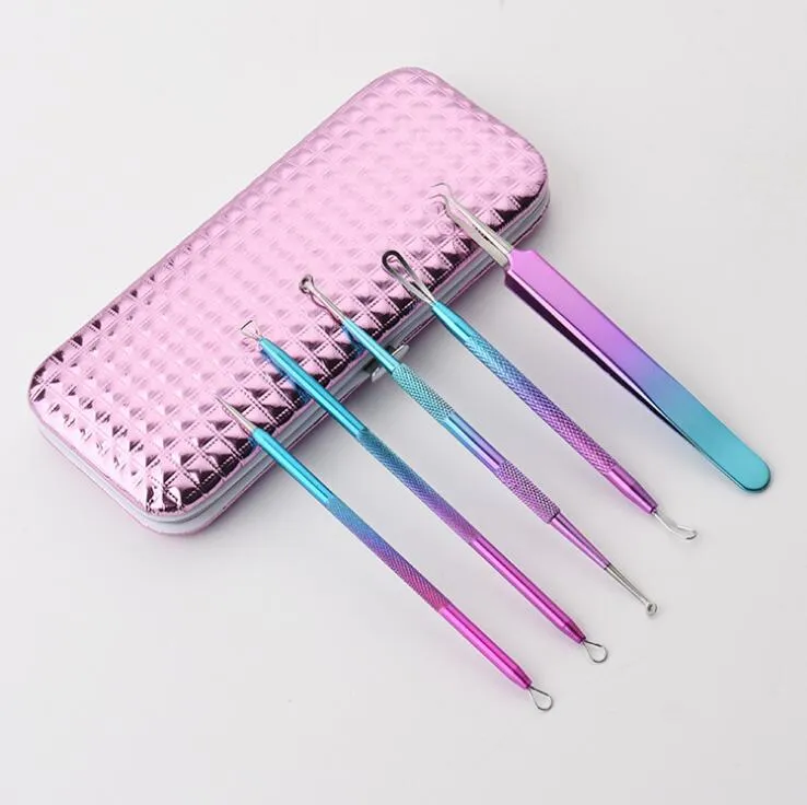 5 PCS/Set Blackhead Remover Tools Set Colorful Acne Needle Pore Cleaner Comedone Pimple Extractor Face Care with Mirror Case
