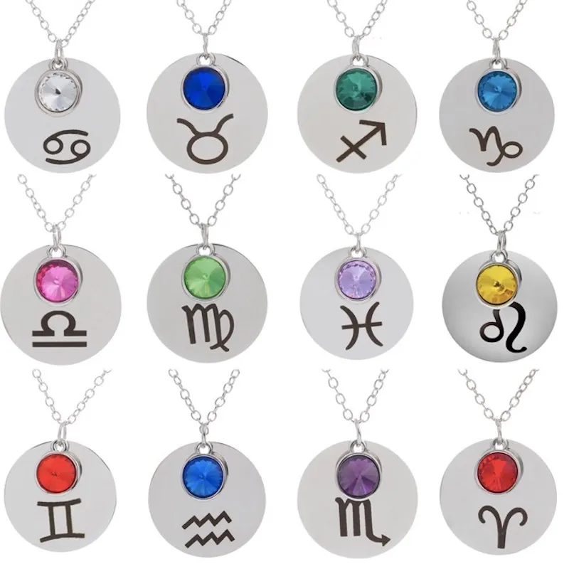 12 Zodiac Signs Pendant Necklaces Constellations Horoscope Astrology Stainless Steel Rhinestone Round Silver Chokers Jewelry for Women Gift