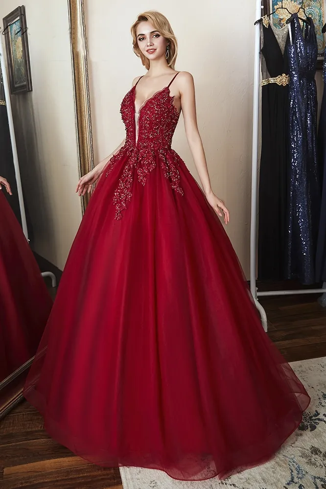 Stunning Ball Gown Prom Dress Dark Red/Royal Blue/Black Evening Dresses Spaghetti Zipper Back Floor Length Prom Gowns