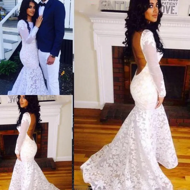 Robes de mariée en dentelle dos nu 2019 été pure manches longues sirène robe de mariée queue de poisson balayage train pas cher robes de mariée sur mesure