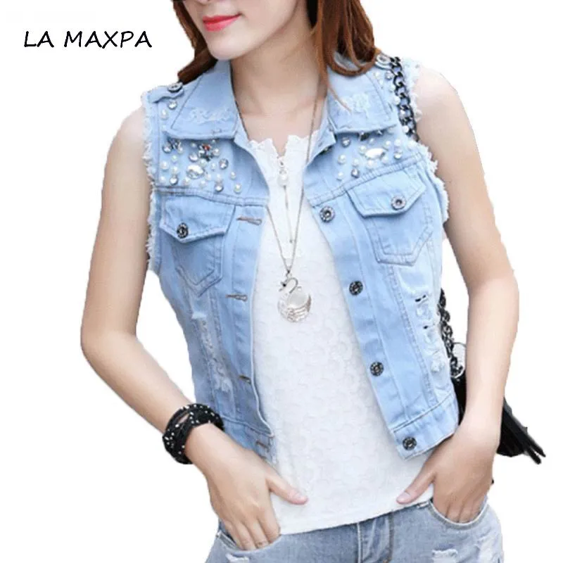 Streetwear Diamonds&Pearls Women's Vest Jeans BF Hole Sleeveless Female Short Jackets Fashion Colete Jeans 2017 Wild Gilet Femme