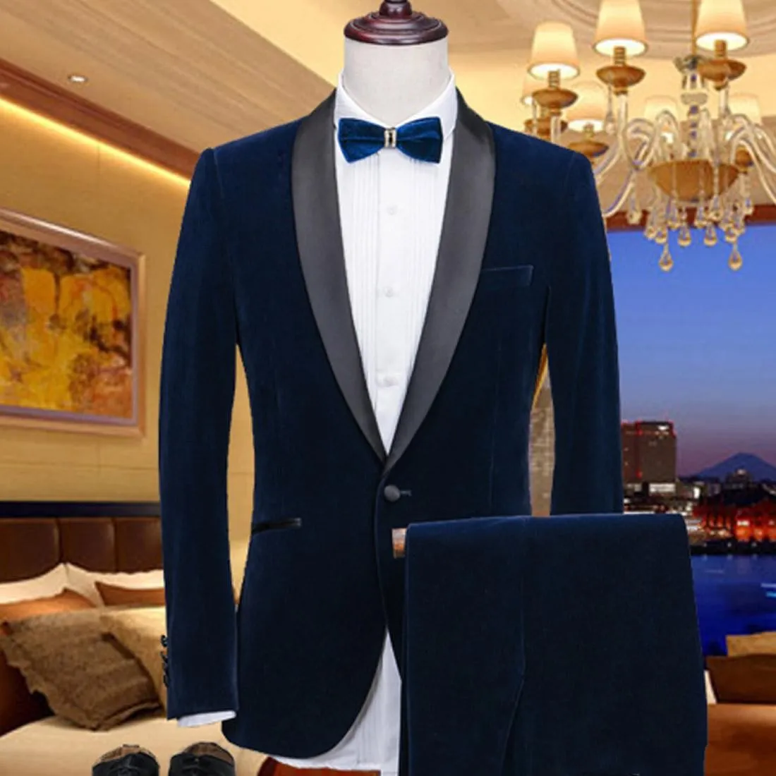 Marinblå velvet brudgum tuxedos svart sjal lapel brudgummen bröllop klänning höst vinter stil män formell fest prom kostym (jacka + byxor + slips) 91