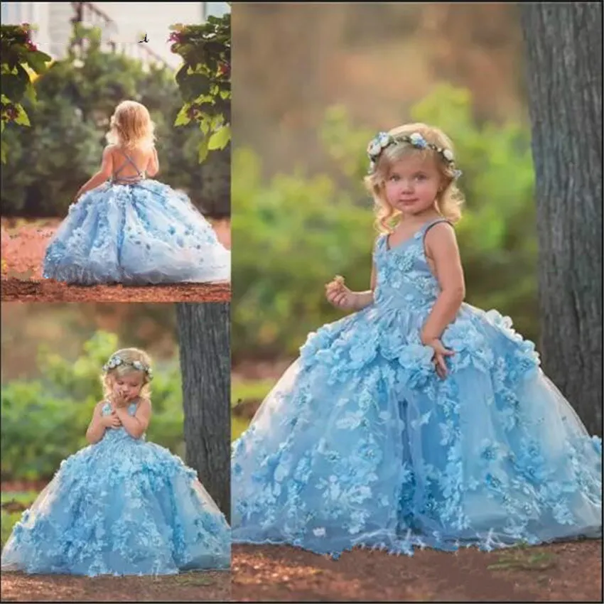 Blue Princess Flowers Girls Jurken For Wedding V Neck Backless Appliques Ball Jurk kinderen Pageant -jurken Eerste heilige communiejurk