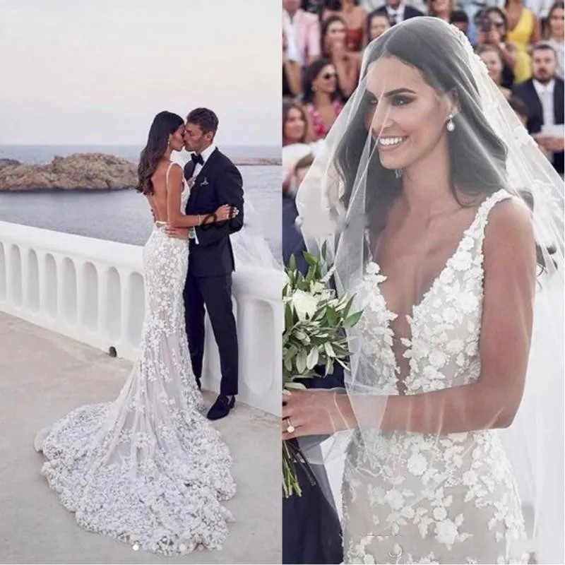 2020 Sexy Backless Sereia Beach Vestidos De Noiva V-Pescoço 3D Lace Applique Swewer Trompete Steven Khalil Jardim Vestido De Noiva Nupcial