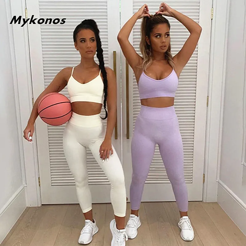 Dünne Sport Set Frauen Weiß Lila Zwei 2 Stück Crop Top Bh Hohe Taille Leggings Sportsuit Workout Outfit Fitness Gym yoga Sets T200615