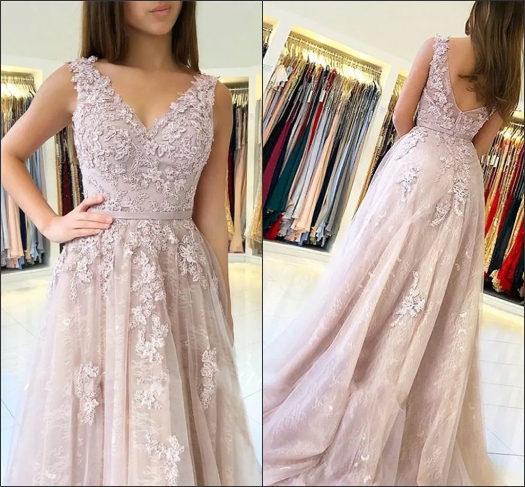 Büyüleyici V Yaka Dantel Pembe Abiye Modelleri Arapça A-Line Aplikler Artı Boyutu Kolsuz robe de mariée Parti Balo Uzun Balo Pageant