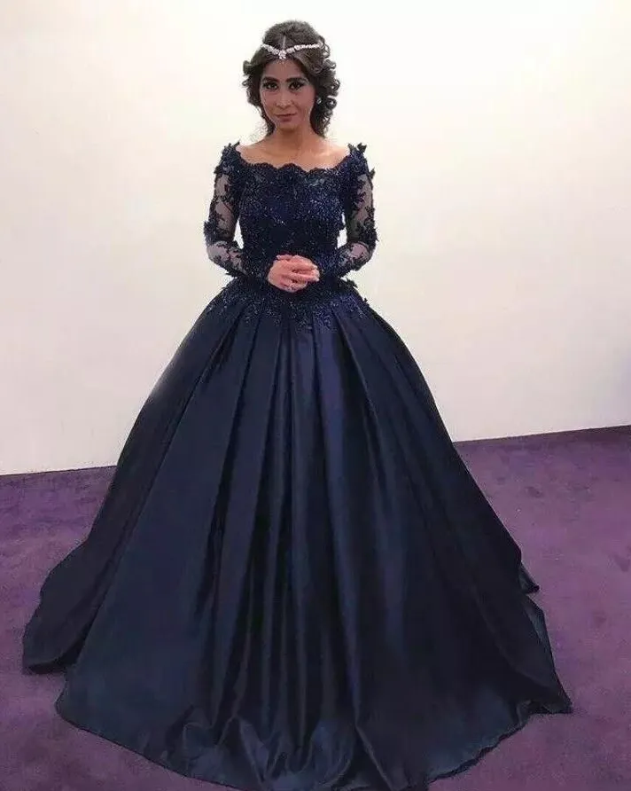 Dark blue long sleeve best sale prom dress