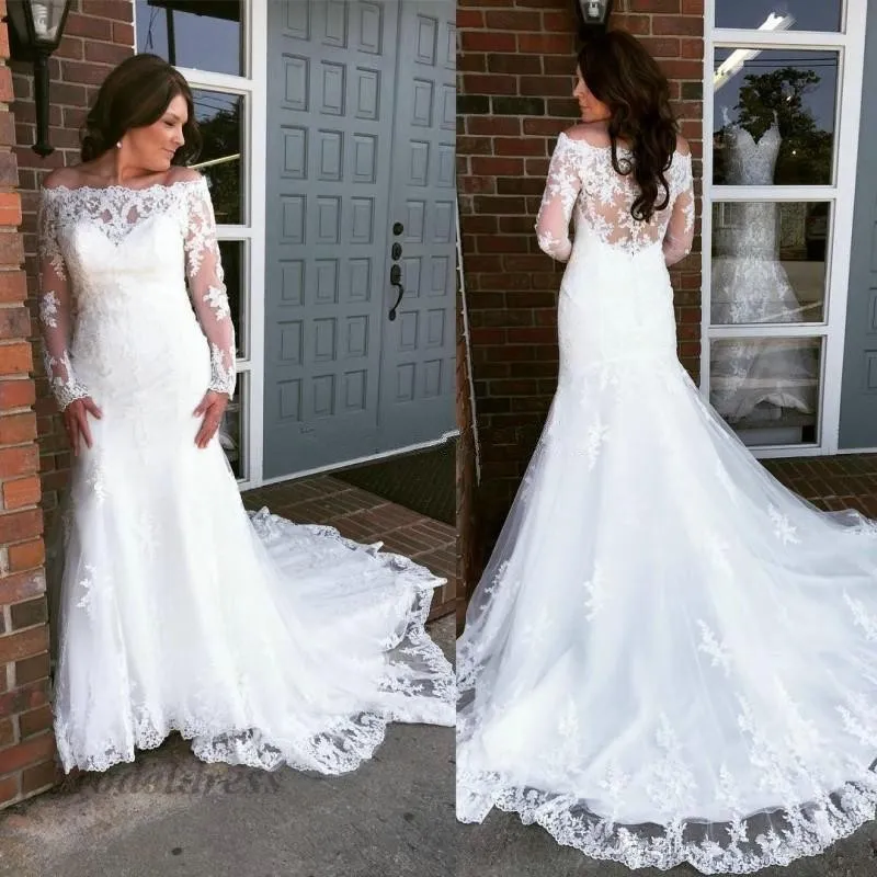 2019 Novo Estilo Estilo Vestidos De Noiva de Sereia Bateau Decote Decote Longa Trompete Tribunal Trem Elegante Branco Vestidos Noiva Vestidos de Novia