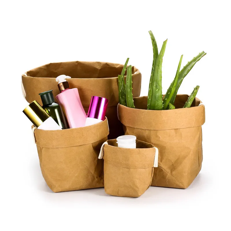 Sacchetto di carta Kraft lavabile Pieghevole Articoli vari Organizer Pouch Fiore Piante grasse Carta Kraft Pianta in vaso Fiori Borsa Decorazioni per la casa