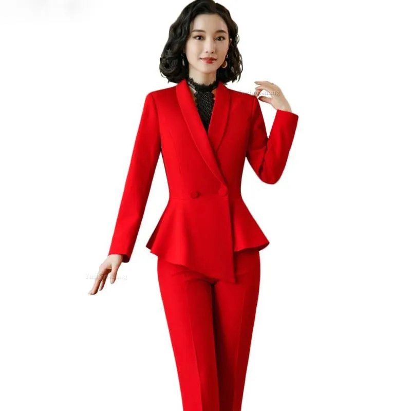 Elegant röd mörkblå svart Kvinnor Pant Suit för Office Lady Två Pieces Set Storlek S-4XL Scarf Collar Blazer Coat With Pant Set