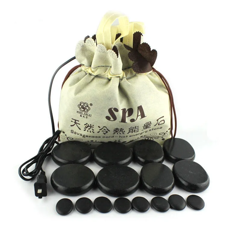 Massager 16pcs Natural Energy Hot Stone Set SPA Essencial vulcânica Oil Hot Stone Massage com aquecedor Bag