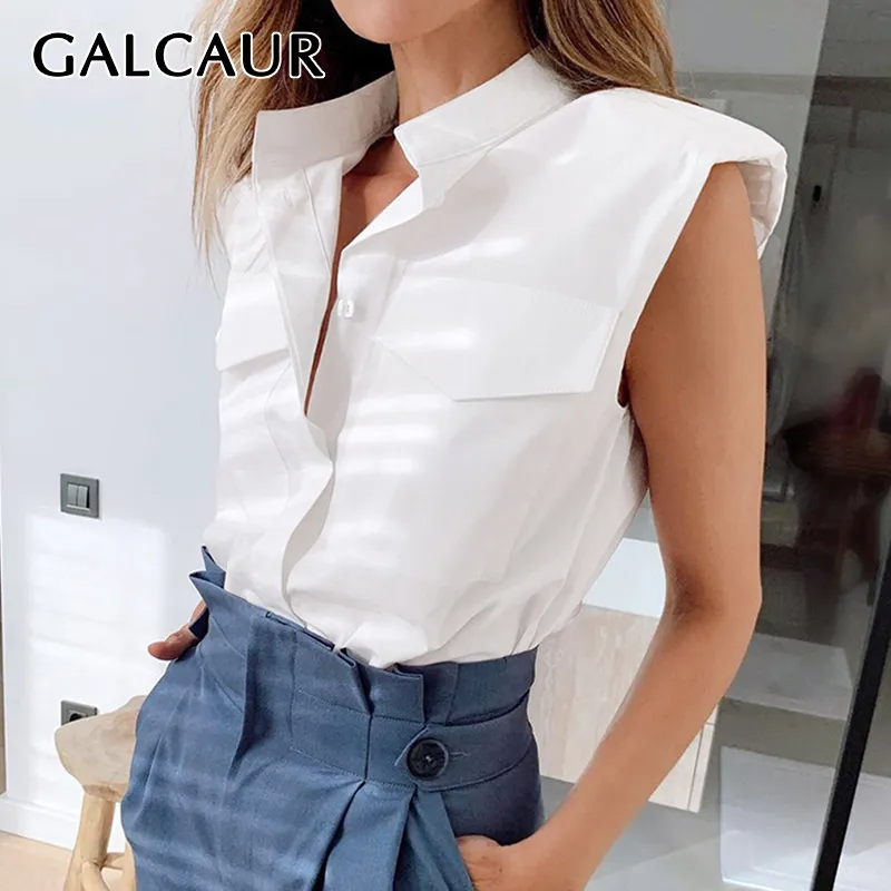 Galcaur Dames Shirt Blouse Revers Mouwloos met Schouder Pad Shirt Tops Vrouwelijke 2020 Dames Stijl Fashion NIEUW