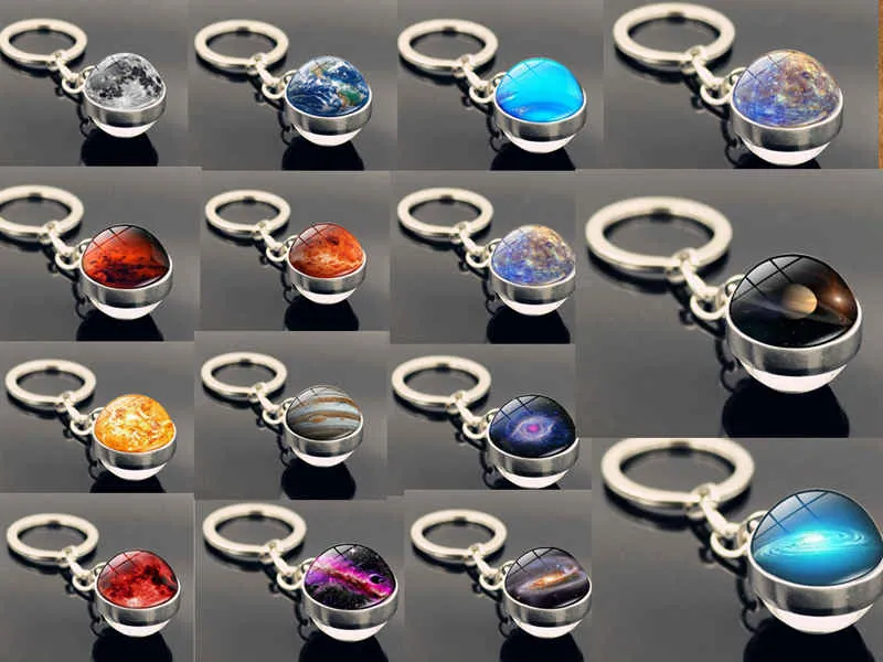 17 styles système solaire galaxie nébuleuse double face boule de verre porte-clés lune terre mars pendentif porte-clés bijoux cadeau en gros