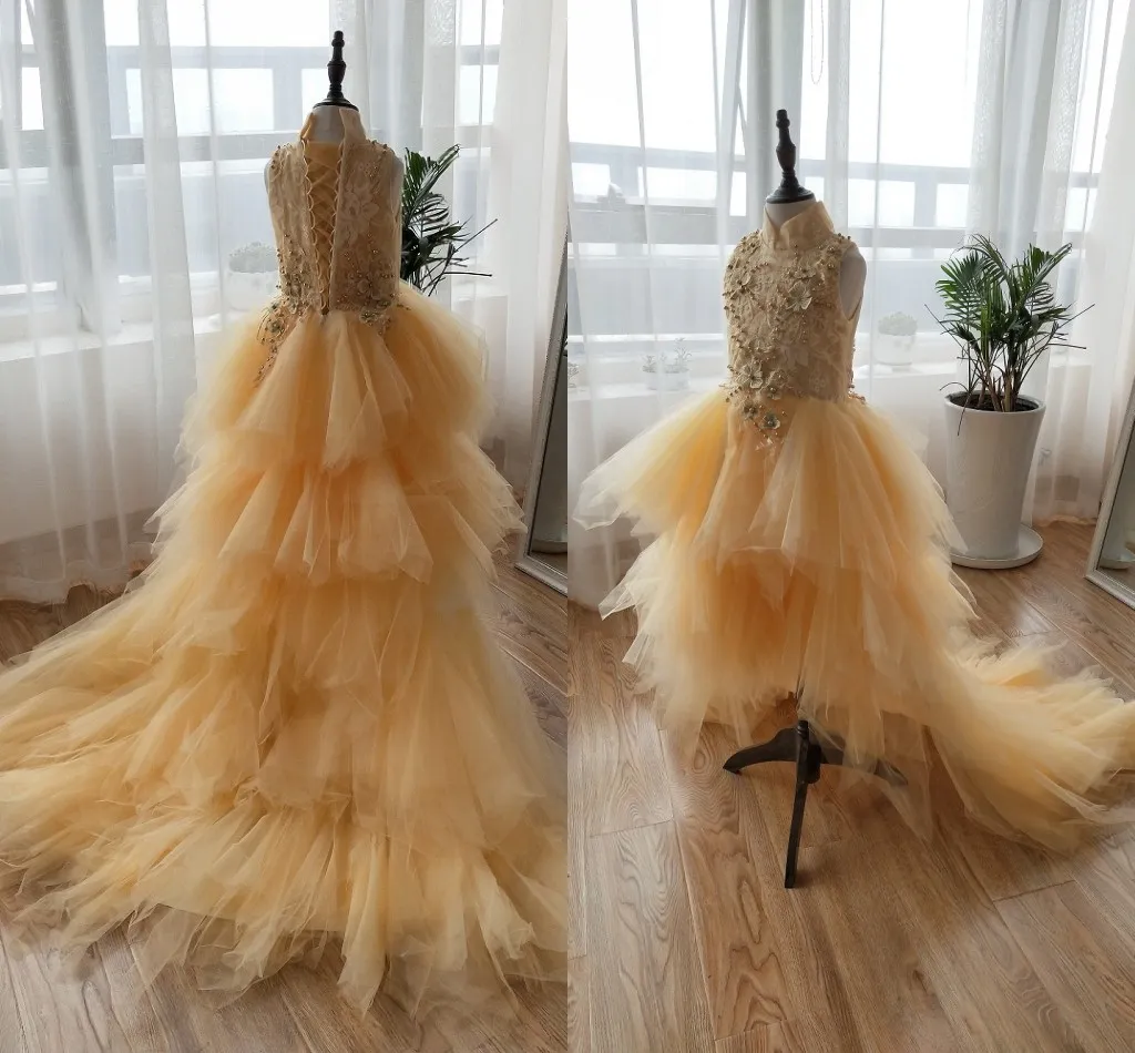 2020 lumière or salut bas robe de bal fleur fille robes col haut fait à la main fleurs dentelle perlée à volants jupe filles robe Pageant Party