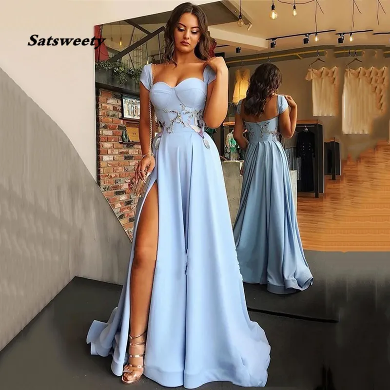 Sky Blue Formal Prom Dresses Sexy Side Split Applicaties Avondjurken Cap Mouw Sweetheart