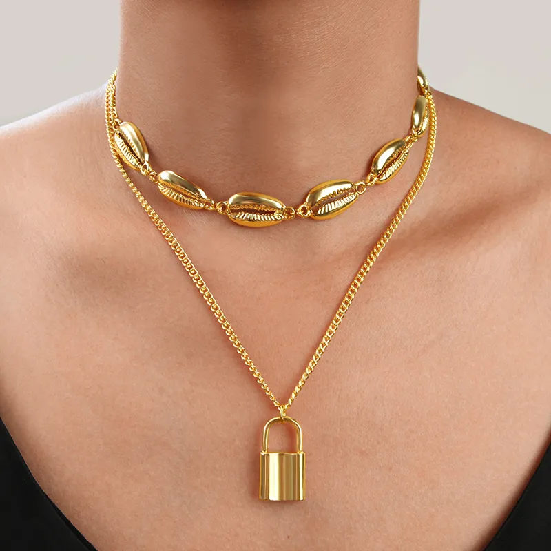 Kvinnor havsskal choker flera lager halsband för tjejer guld silver hänglås lås hänge kedjor mode bohemian smycken gåva