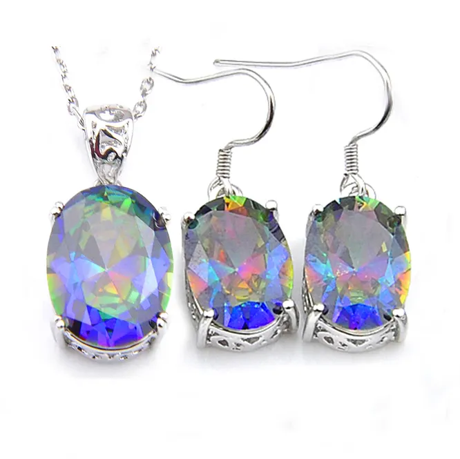 5 Sets Luckyshine Fashion Lady Sets Blue Rainbow Mystic Topaz Edelsteine Anhänger Ohrringe Oval 925 Silber Schmuck Sets Großhandel