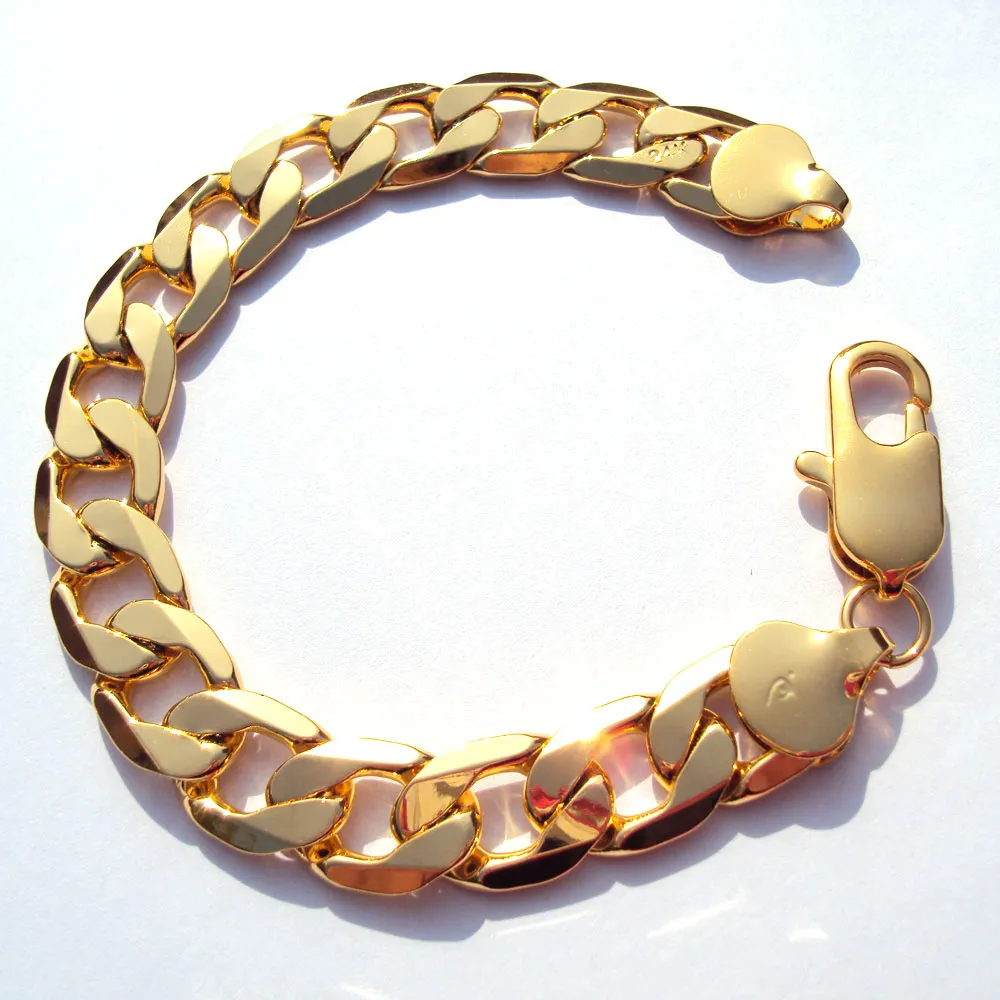 Bransoletka 12 mm Solid Gold Wykończenie drobna wysokiej jakości męska kubańska krawężnik łańcuchowy obróbka ręczna 24 K272M5100939