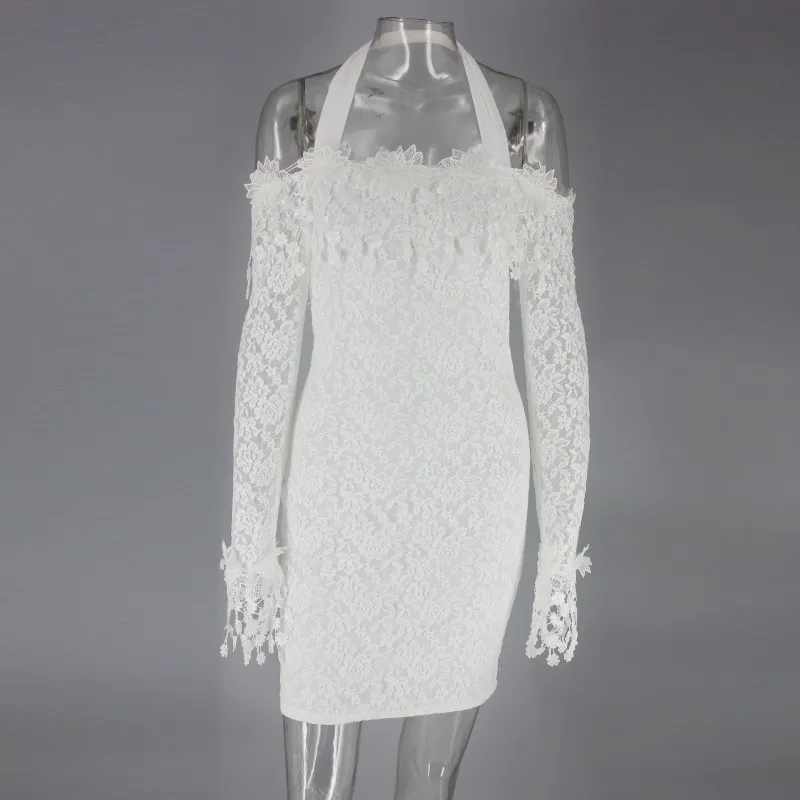White Lace Embroidery Bodycon Mini Dress Sexy Petal Sleeve Transparent Elegant Party Dress