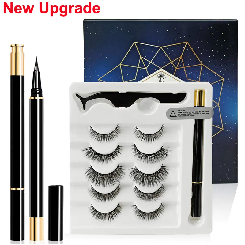 Makeup 3D False Eyelashes & Liquid Eyeliner & Tweezers Set Magic Eyeliner 5 Pairs Eyelash Reusable Waterproof No Glue Needed Make Up Tools