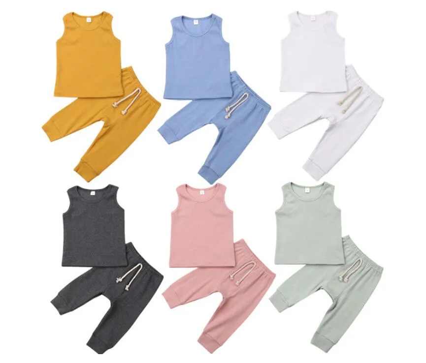 Bébé Vêtements D'été Ensembles Garçon Filles Pantalons Sans Manches Costumes Simple Solide Couleur Tenues Mode Casual Gilet Long Pantalon 2 Pcs 6 Couleurs ZYQA455