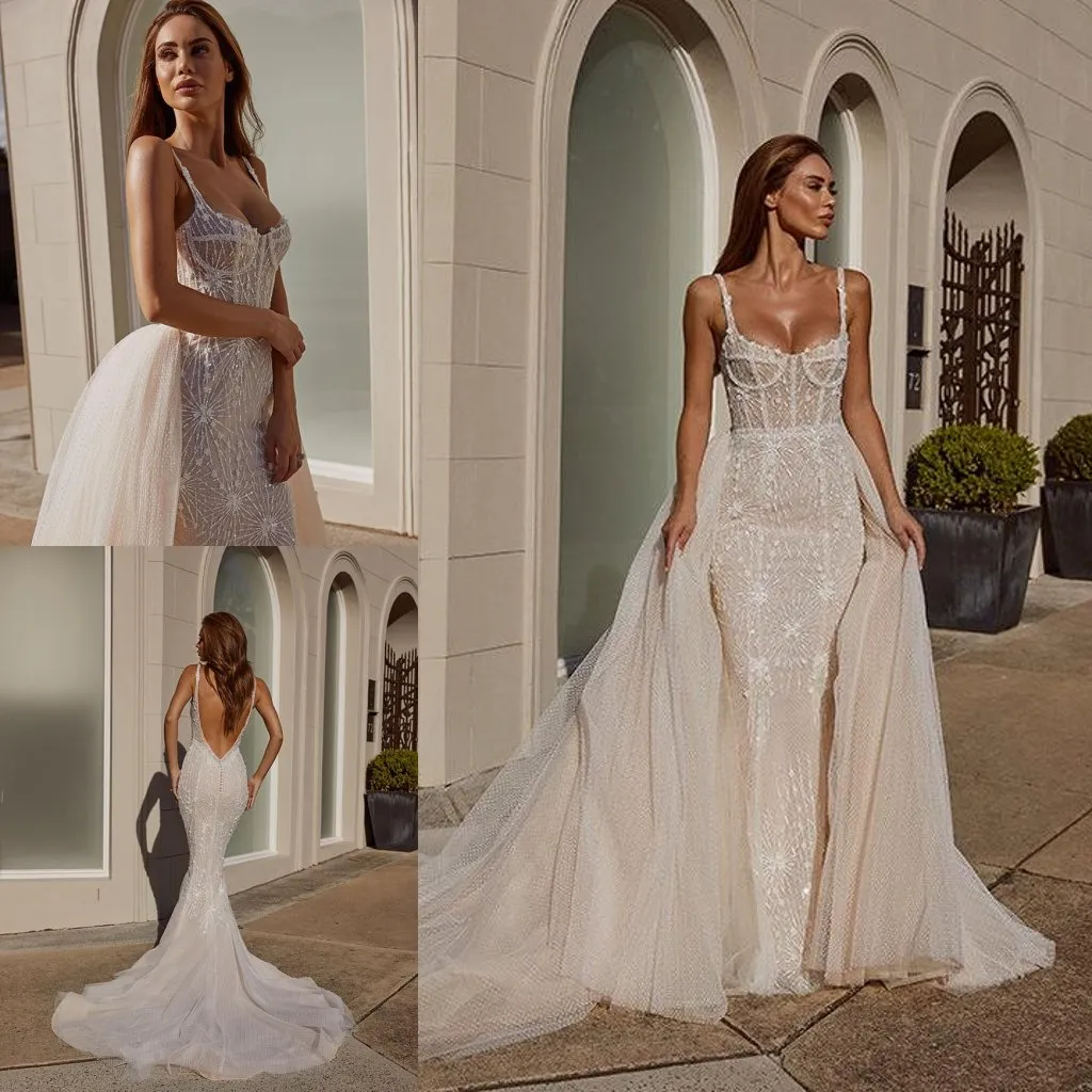 2020 Pallas Couture Robe De Mariée Sirène Avec Train Détachable Spaghetti Appliqued Paillettes Perlée Robe De Mariée Dos Nu Vestidos De Novia