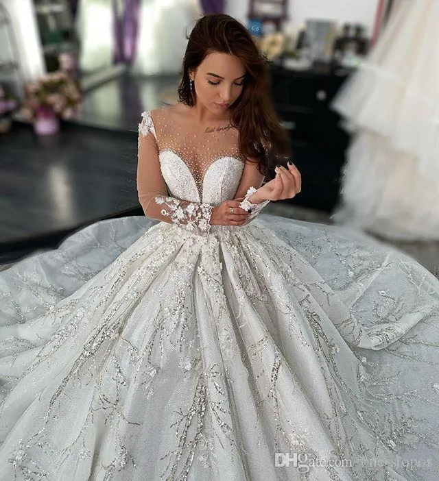 princess wedding dresses 2020 Sexy Champagne Princess Wedding Dresses 2020 With 3D Floral Appliques Lace Bridal Gowns Backless Vestido de Noiva Buttons Back, White / 50cm / 2
