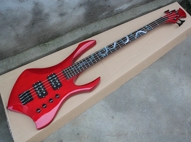 Factory Custom Red Ongebruikelijke vorm 4 strings elektrische basgitaar met zwarte hardwares, abalone slang fret inlay, hh pickups, aangepast op maat