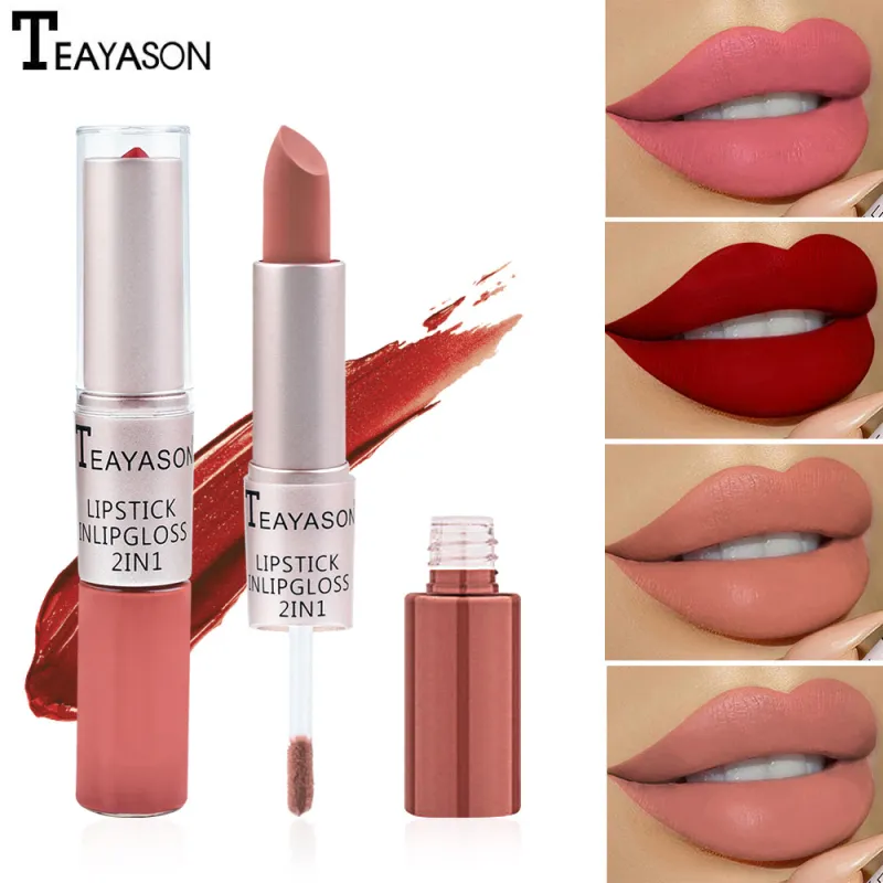 TEAYASON Líquido Batom New Duplo Head 2-in-1 duradoura Matte Feijão Pasta Cor Matte Lip Gloss Lip Tint Maquiagem Lábios Liner