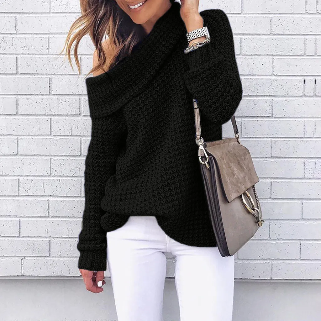 Jaycosin Clothes Winter Women Shoulder Long Sleeve Party Knitting Pullover Sweater Fashion Solid Color Casual Sweater Dress