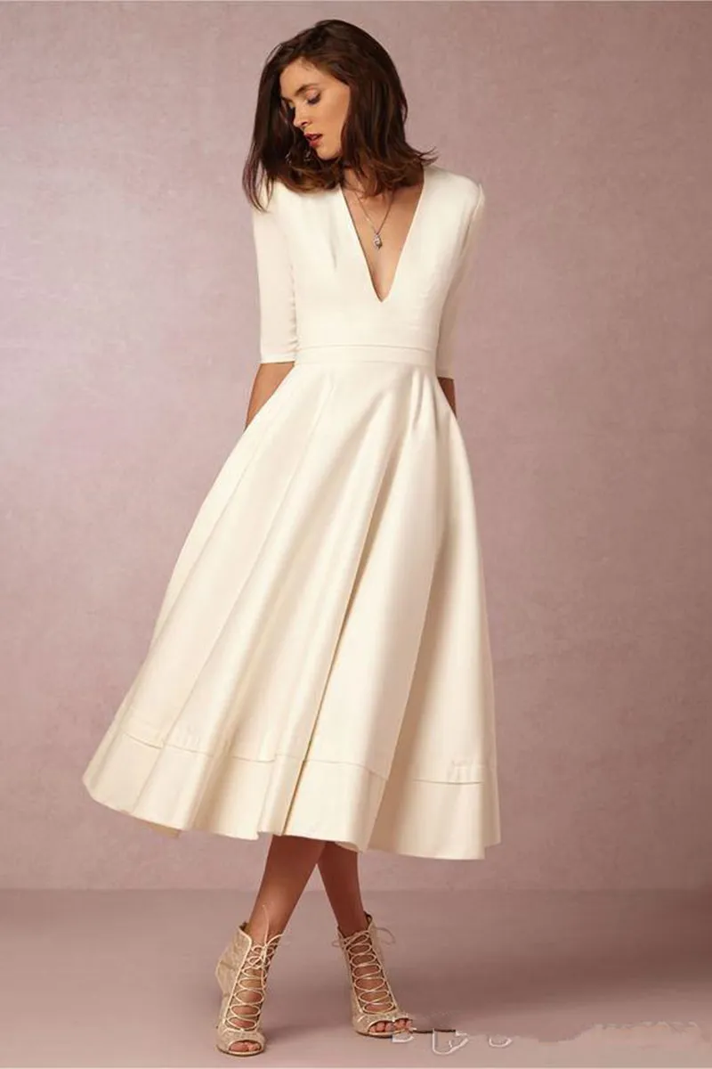 2023 BHLDN New Fashion Tea length Vintage Wedding Dresses With Half Sleeve V neck Custom Make Short Beach Party Bridal Wedding Gown
