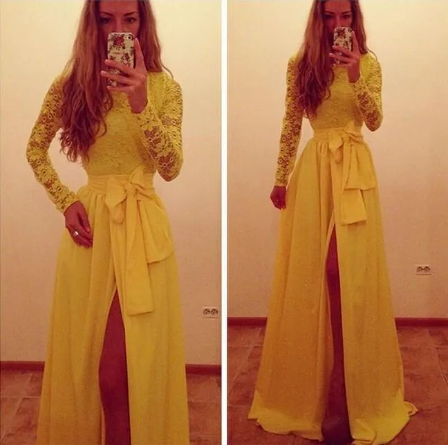 Abiti da sera a maniche lunghe gialli alla moda 2019 Nuovi abiti formali Una linea Gioiello Pizzo giallo e chiffon Abiti da ballo sexy con spacco laterale 1139