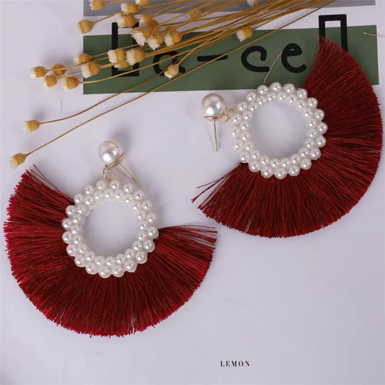 8 kleuren vrouwen oorbel rode zwarte kwastje parel oorbellen voor vrouwen boheemse mode-sieraden geometrische Kolczyki drop oorbellen groothandel AJJ349