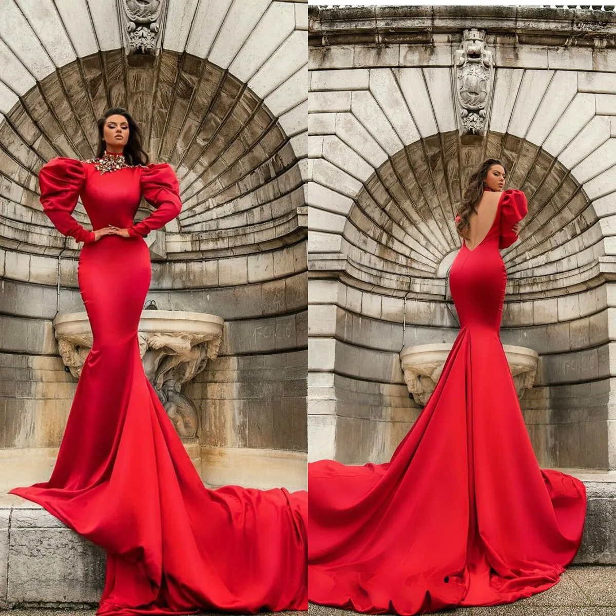 Czerwone Suknie Wieczorowe Kryształ High Neck Sexy Backless Satin Mermaid Prom Dress Długim Rękawem Formalne Szaty De Soirée