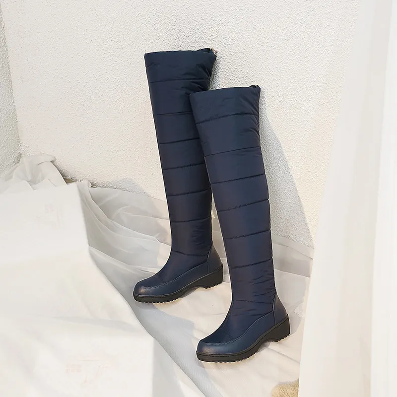 Hot Sale- 2019 Zwart Blauwe Dames Wiggen Hakken Over de Knie Sneeuwlaarzen Vrouw Winter Dames Platform Dij Hoge Laarzen Meisjes Schoenen